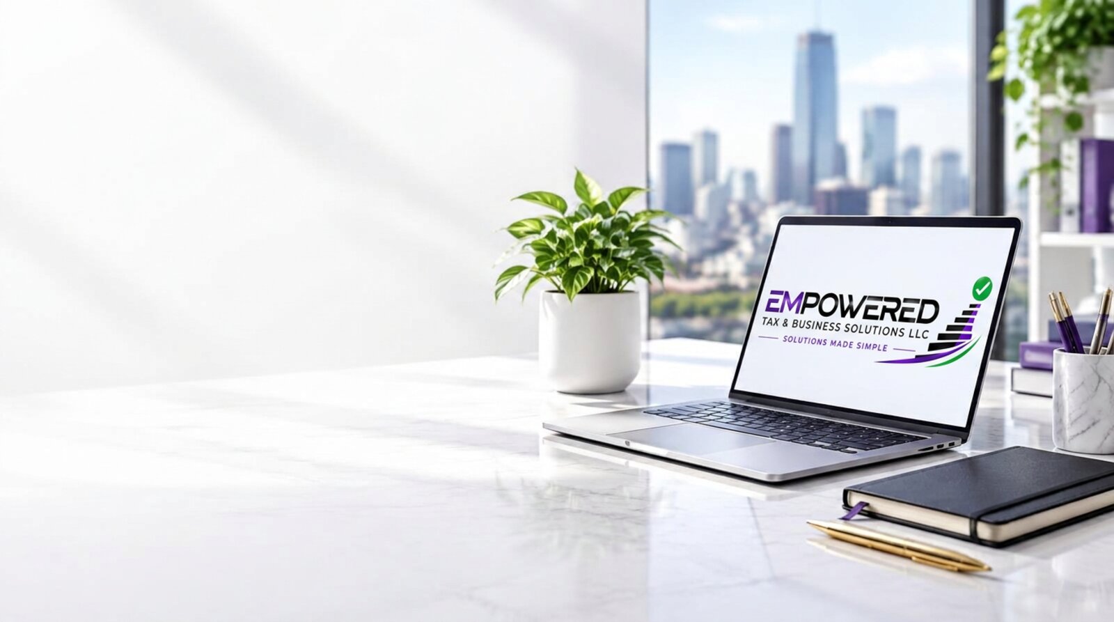 Professional desk with laptop and business planning tools